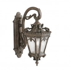 ornate Gothic wall lantern for exterior use, matt bronze with seeded glass