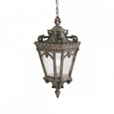 ornate Gothic hanging lantern for exterior use, matt bronze with seeded glass