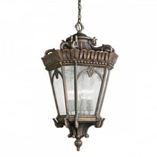 ornate Gothic hanging lantern for exterior use, matt bronze with seeded glass