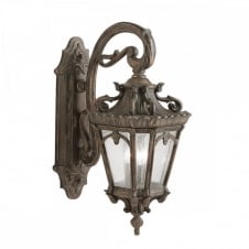 ornate Gothic wall lantern for exterior use, matt bronze with seeded glass