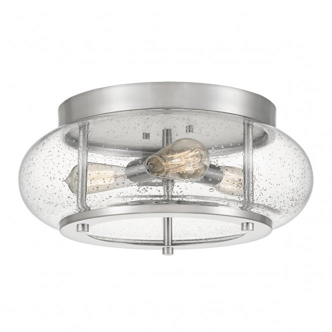 TRILOGY 3 Light Flush Mount Ceiling Light Brushed Nickel Metal Work with Seeded Glass.