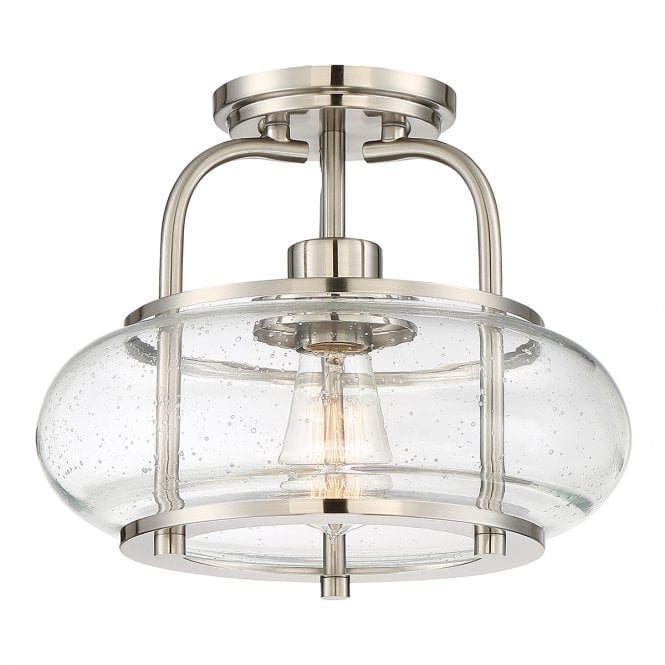 TRILOGY Semi- Flush Single Bulb Light with Seeded Glass Shade Brushed Nickel