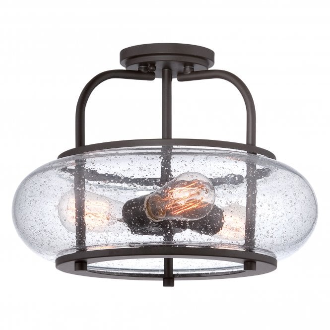 TRILOGY vintage semi flush ceiling light with old bronze fitting and seeded glass shade (medium)