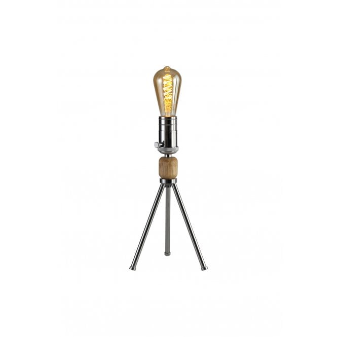 TRIPP Tripod Table Lamp Dimmable, in Polished Chrome with Wood