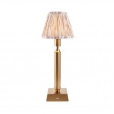 brass rechargeable table lamp with neutral ikat pattern shade