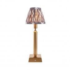 brass rechargeable table lamp with grey ikat pattern shade