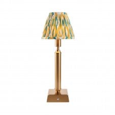 brass rechargeable table lamp with yellow & green ikat pattern shade