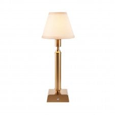 brass rechargeable table lamp with white tapered shade