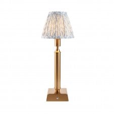 brass rechargeable table lamp with blue leaf pattern shade