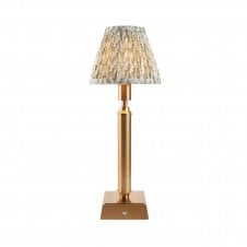 brass rechargeable table lamp with green leaf pattern shade