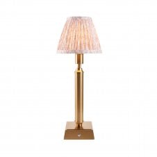 brass rechargeable table lamp with peach leaf pattern shade