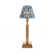 brass rechargeable table lamp with blue ripple pattern shade