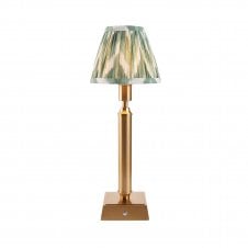 brass rechargeable table lamp with green zigzag pattern shade