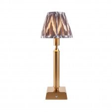 brass rechargeable table lamp with grey zigzag pattern shade