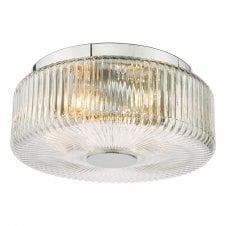 a modern chrome and ribbed glass, deco-inspired flush bathroom ceiling light fitting