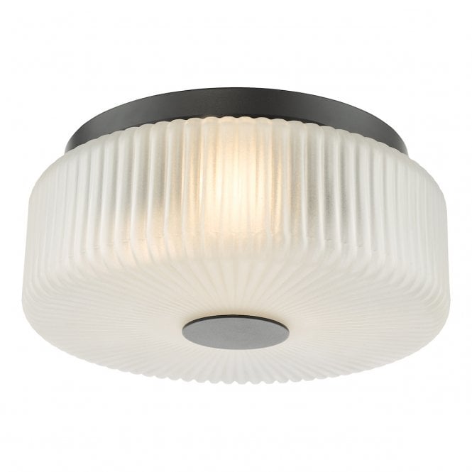 Twyman Flush Bathroom Light in Satin Black with White Ribbed Glass Shade
