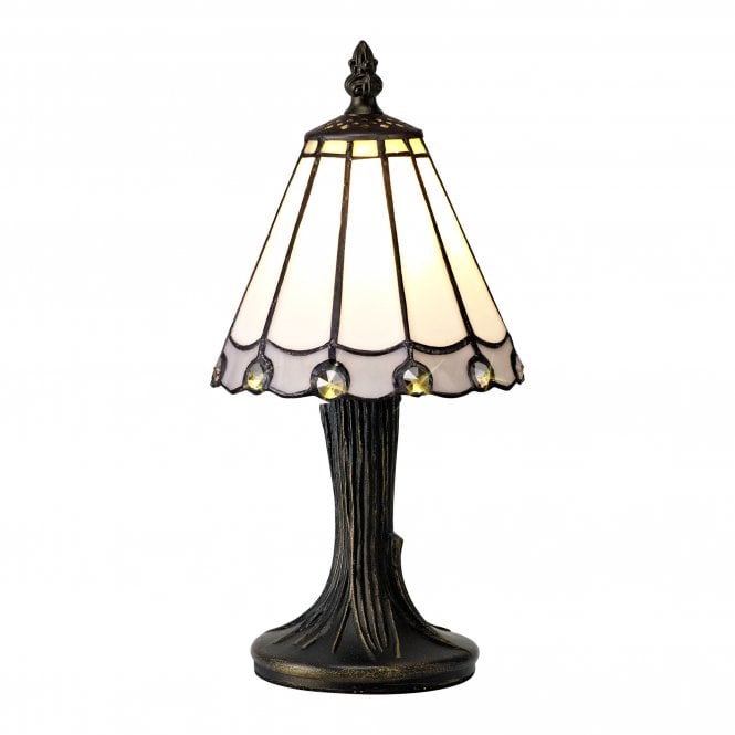 UNA small white and grey glass Tiffany table lamp with crystal detailing