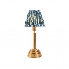 brass rechargeable table lamp with blue ikat pattern shade
