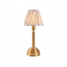 brass rechargeable table lamp with neutral ikat pattern shade