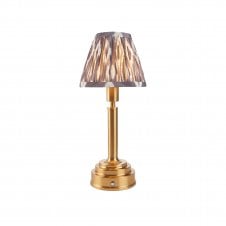 brass rechargeable table lamp with grey ikat pattern shade
