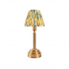 brass table lamp with yellow & jade ikat pattern shade