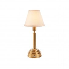 brass rechargeable table lamp with white tapered shade
