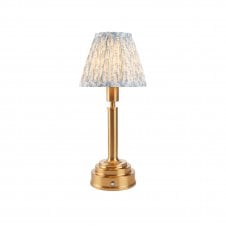 brass rechargeable table lamp with blue leaf pattern shade