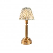 brass rechargeable table lamp with green leaf pattern shade
