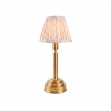 brass rechargeable table lamp with peach leaf pattern shade