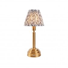 brass rechargeable table lamp with grey leaf pattern shade
