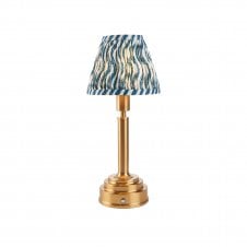 brass rechargeable table lamp with blue ripple pattern shade