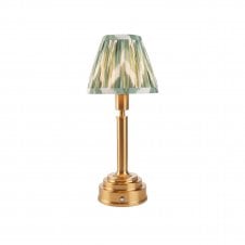 brass rechargeable table lamp with green zigzag pattern shade