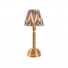 brass rechargeable table lamp with grey zigzag pattern shade