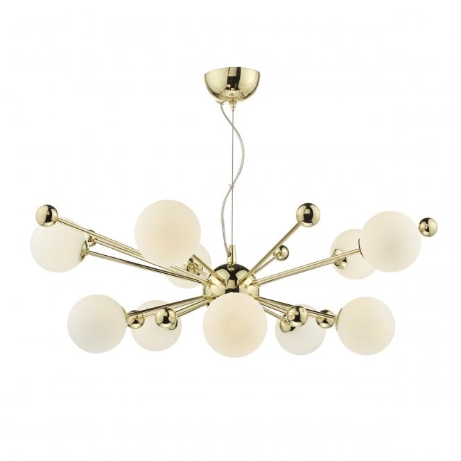 URSA modern 10 light ceiling pendant in gold with opal glasses