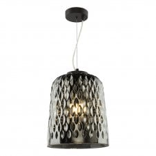 a modern black ceiling pendant with smoked textured glass shade 