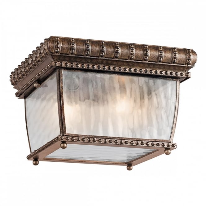 VENETIAN RAIN ornate brushed bronze & rain glass flush mount exteiror light