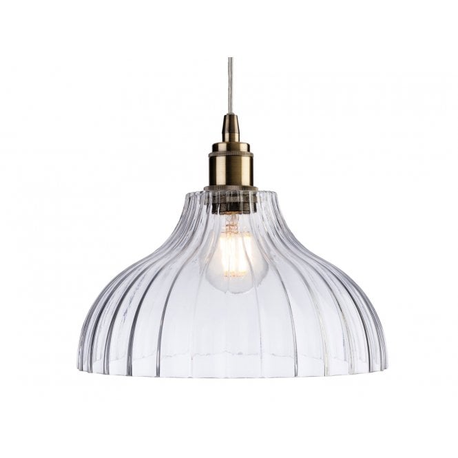 VICTORY 1 Light Dome Ceiling Pendant Antique Brass with Clear Glass