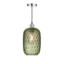 CHROME PENDANT SUSPENSION with black braided cable and VIDRO dimpled olive green glass easy fit shade