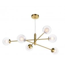 6 Light Pendant Aged Brass Fitting with Clear and Opal Glass Shades