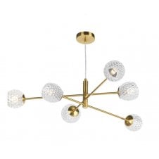 6 Light Pendant Aged Brass Fitting with Dimpled Open Glass Shades