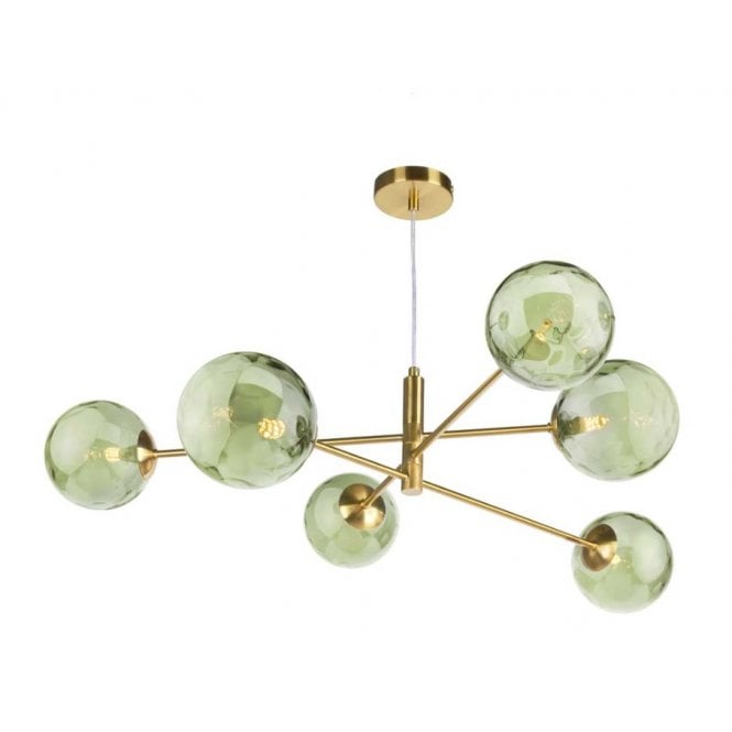 VIGNETTE 6 Light Pendant Aged Brass Fitting with Green Dimpled Glass Shades