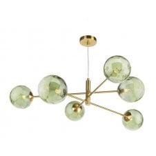 6 Light Pendant Aged Brass Fitting with Green Dimpled Glass Shades