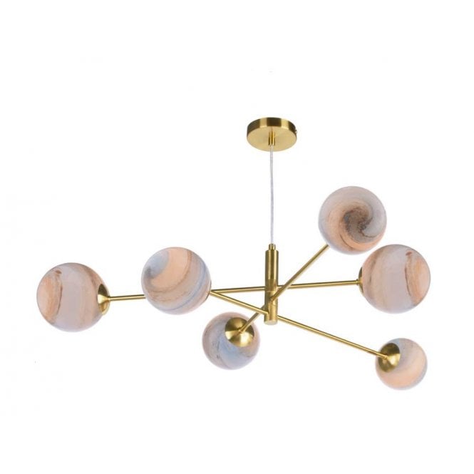 VIGNETTE 6 Light Pendant Aged Brass Fitting with Large Planet Glass Shades