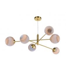 6 Light Pendant Aged Brass Fitting with Large Planet Glass Shades
