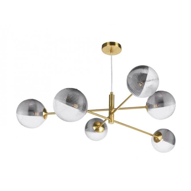 VIGNETTE 6 Light Pendant Aged Brass Fitting with Large Smoked and Clear Ribbed Glass Shades