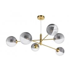 6 Light Pendant Aged Brass Fitting with Large Smoked and Clear Ribbed Glass Shades