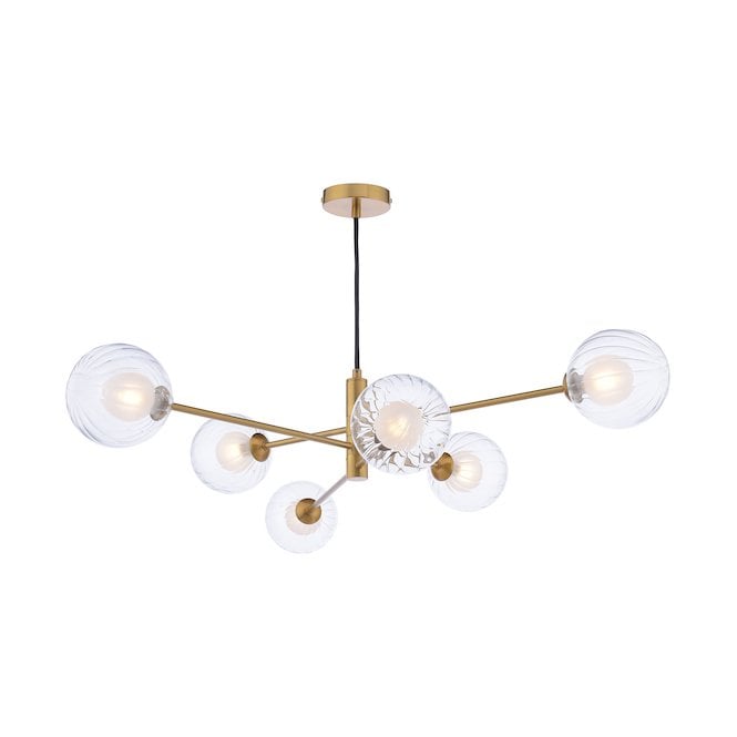 VIGNETTE 6 Light Pendant Aged Brass Fitting with Opal and Clear Ribbed Glass Shades