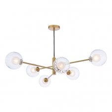 6 Light Pendant Aged Brass Fitting with Opal and Clear Ribbed Glass Shades