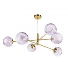 6 Light Pendant Aged Brass Fitting with Pink Dimpled Glass Shades