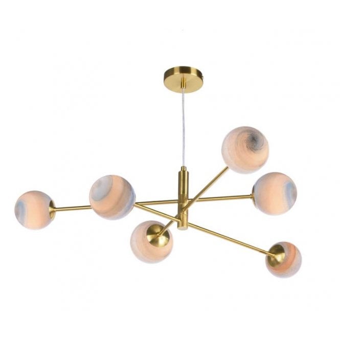 VIGNETTE 6 Light Pendant Aged Brass Fitting with Planet Glass Shades